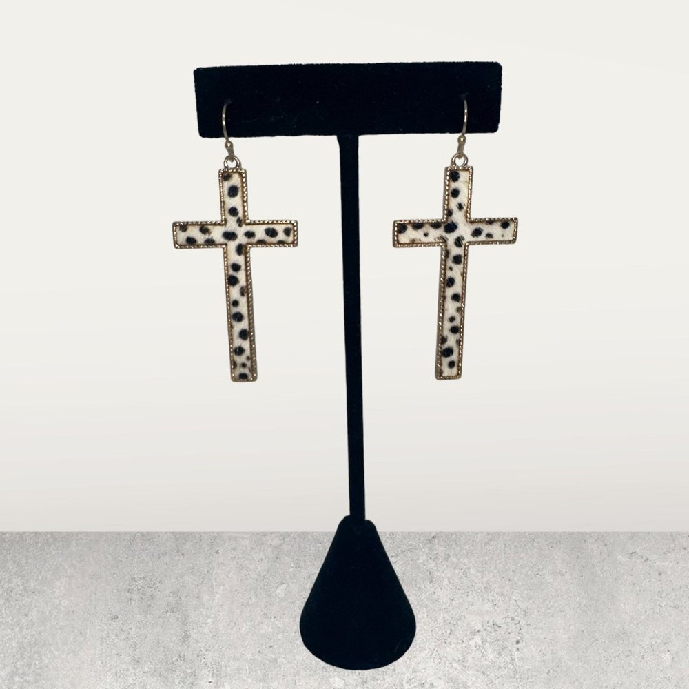 Leather and Gold Snow Leopard Cross earrings
